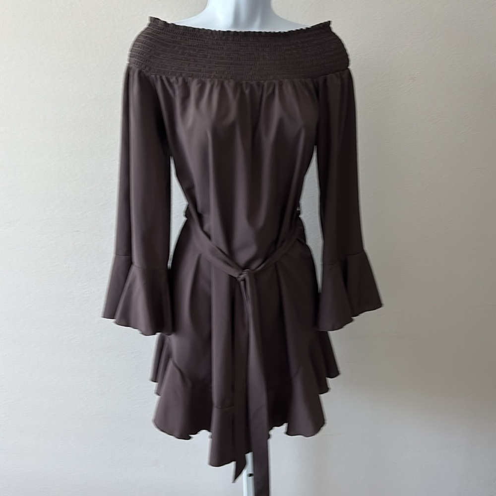 CBR Dress L Brown Off Shoulder Ruffle Bell Sleeve Romantic Dark Fairy Whimsigoth - Picture 8 of 15